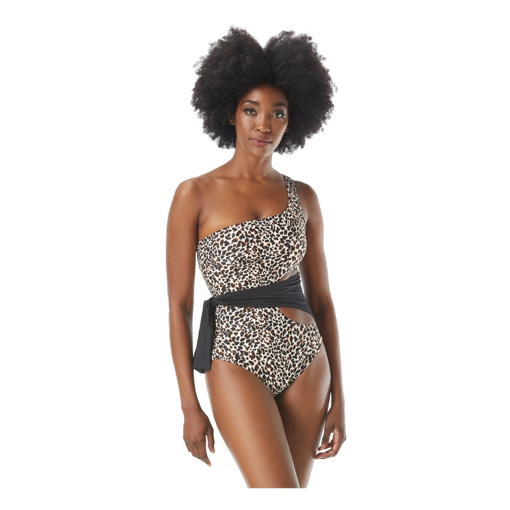 NWT Vince Camuto One Shoulder Wrap‎ Tie One Piece Suit Tanzania Cheetah Size 10